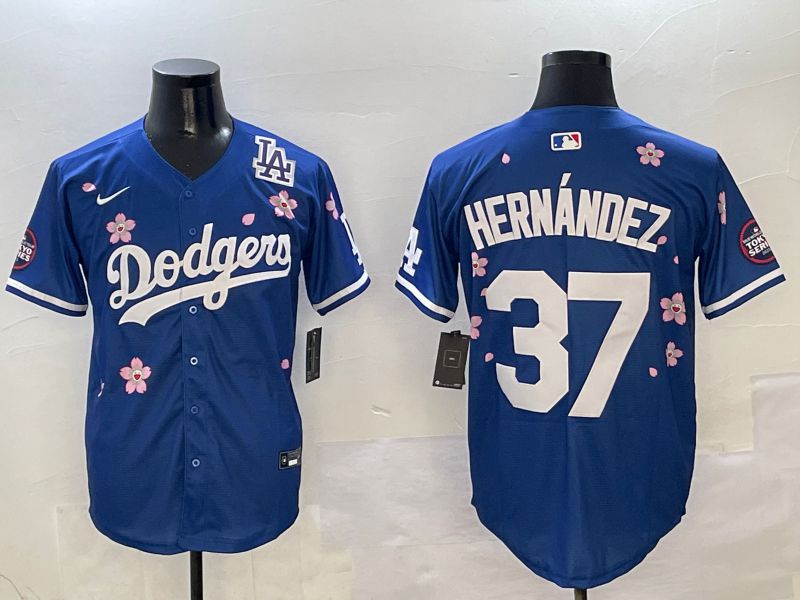 Men Los Angeles Dodgers 37 Hernandez Blue Sakura Edition 2025 Nike MLB Jersey style 8